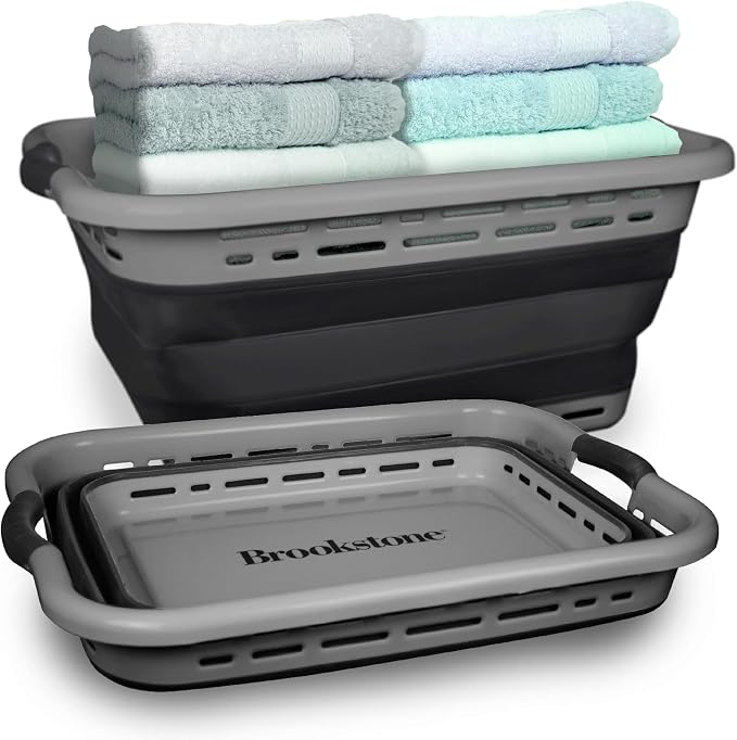 BROOKSTONE 11 GALLON XL 24" Collapsible Laundry Basket & Clothes Hamper, Comfort Non-Slip Handles, Modern Laundry Hamper with Space Saving Design, Portable Pop-Up Hamper, BPA FREE, Grey, 1 Pack by Unknown