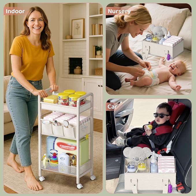 Baby Diaper Caddy Organizer and Storage,2In1 Baby Cart Organizer-Baby Diaper Caddy+3 Tier Rolling Cart for Baby Nursery,Baby Bedside Cart,Easy Assembly,Beige - Image 4