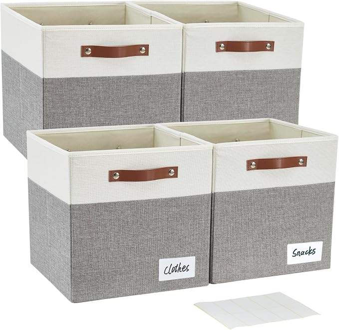 Collapsible Fabric Storage Cube Bins with 2 Reinforced PU Handles, Foldable Storage Organizer Baskets for Closet, Shelves, Living Room | 13"x13"x13", 4 Pack, Gray & White by Bagnizer