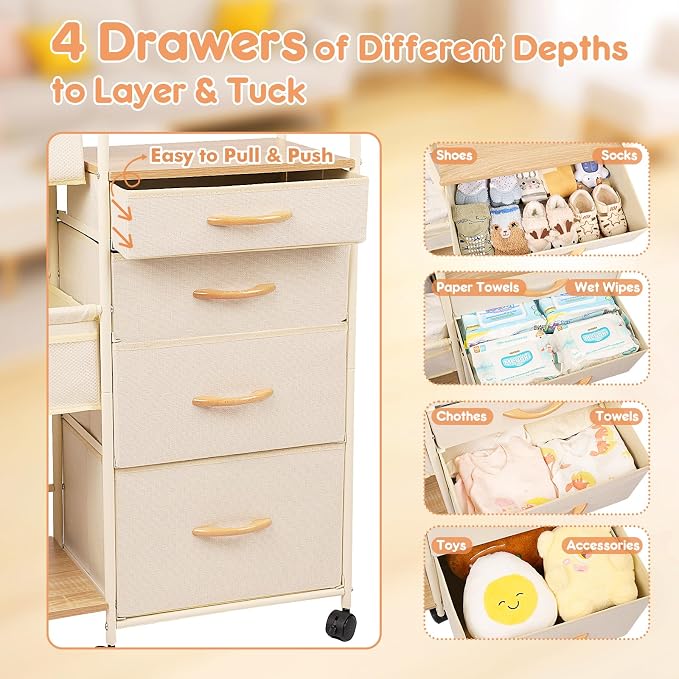 Baby Diaper Caddy Organizer Cart - 4 Tier Rolling Diaper Cart with Wheels, Baby Essentials Organizers and Storage, Mobile Utility Carts for Bedside, Bedroom, Crib Nursury, Changing Table - Image 5