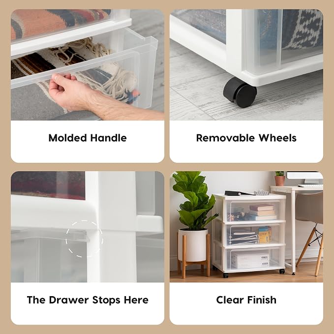 IRIS USA 3-Drawer Wide Storage Cart with Wheels, Organizer, White | Store clothing, towels, office supplies, craft materials and household essentials with organized storage around your home - Image 3