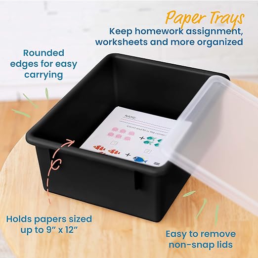 ECR4Kids Letter Size Tray Organizer with Lid, Large, 10-Piece, Black | Durable plastic, GREENGUARD Gold Certified, 1 gallon capacity, stackable/nestable, easy-lift lids, classroom & home use - Image 3