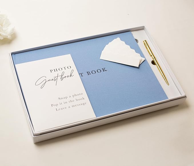 Real Linen Guest Book Set - 11.5 x 8.5 Embossed Guestbook for Weddings, Showers, Events, Blank & Lined, Comes with Sign, Pen, Box and Photo Sleeves, 120 Pages (Light Blue) - Image 6