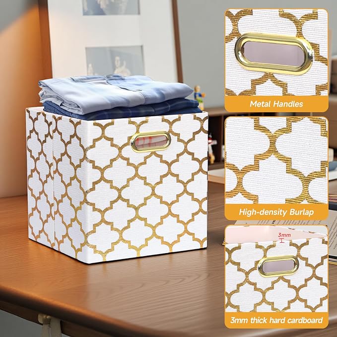 Posprica 11x11x11 Storage Cube Bins, Collapsible Storage Bins Fabric Storage Cubes Organizer Baskets Box Drawers for Shelves, Closet, Wardrobe, Bookshelf, Cabinet, Cream/Gold Lantern, 4 Pack - Image 4
