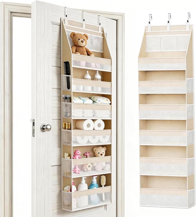 KMSCO Over The Door Organizer 6 Large +13 Mesh Side Pockets | 55lbs capacity, heavy duty non-woven fabric.Ideal for nursery, bathroom, pantry, closet. Beige, 1 pack. by kmsco