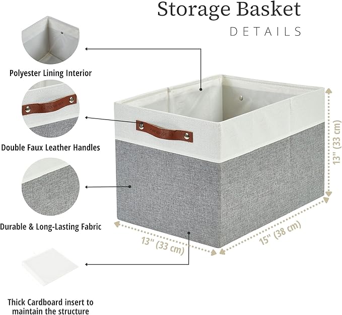 DECOMOMO Kallax Storage Cubes, Storage Baskets for Shelves 3-Pack | 13 x 15 x 13 Storage Bins, Baskets for Organizing Shelves (Grey & White) - Image 4