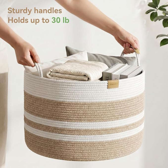 Nunsino 72L Woven Blanket Basket with Leather Handles, Cotton Rope Laundry Basket Hamper,Decorative Nursery Basket Toy Storage Basket for Kids, Living Room, Bedroom, Beige Stripes - Image 5