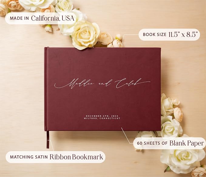 Personalized Guestbook in Wine - Premium Custom Modern Guest Book for Wedding Reception, Birthday Party or Events w/Bookmark Blank Pages for Signing 11.5 x 8.5 inches - Image 3