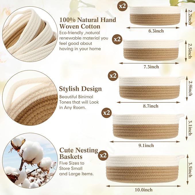 10 Pieces Woven Cotton Rope Basket Shelf Closet Organizer Bins Round Key Bowl for Entryway Table Shallow Montessori Baskets Key Tray for Home Decor Nursery Shelving Storage Organizing, 5 Sizes(Brown) - Image 2