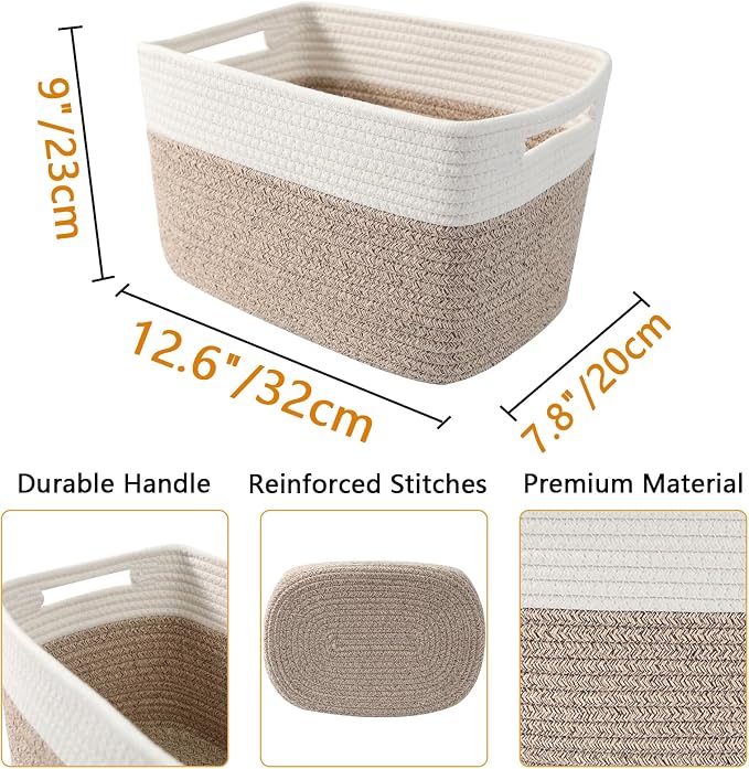 6 Pack Woven Rope Baskets, 12.6"×9"×7.8" Storage Bins, White&Brown | Storage Boxes for Toys, Books, Towels, Clothes, Shelf Baskets Organizer,Empty Gift Baskets for Living Room, Bathroom, Bedroom - Image 2