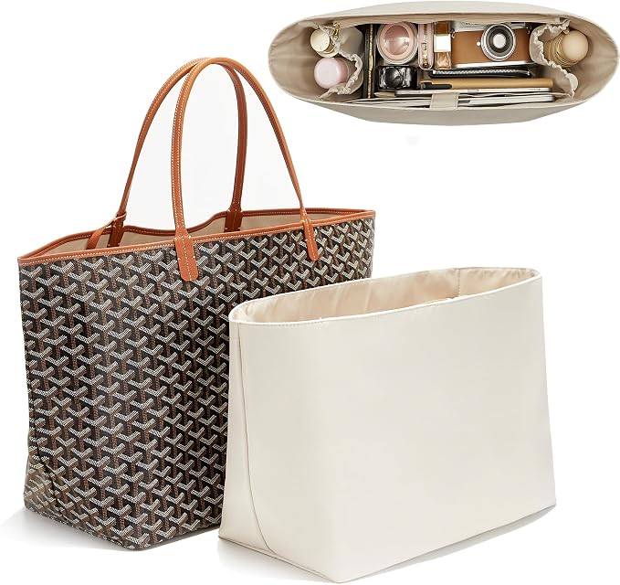 Nylon Tote Bag Organizer Insert for Goyard Saint Louis PM Bag, White | 13in Laptop Sleeve Purse Organizer Insert for Goyard ST, Waterproof, Elastic Cup Holder, YKK Zipper, 5 Pockets Storage Travel by OAIKOR
