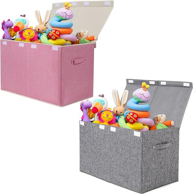 Large Toy Box Chest with Lid, Collapsible Sturdy Toy Storage Organizer Boxes Bins Baskets for Kids, Boys, Girls, Nursery, Playroom, 25"x13" x16" (Linen Gray) by popoly