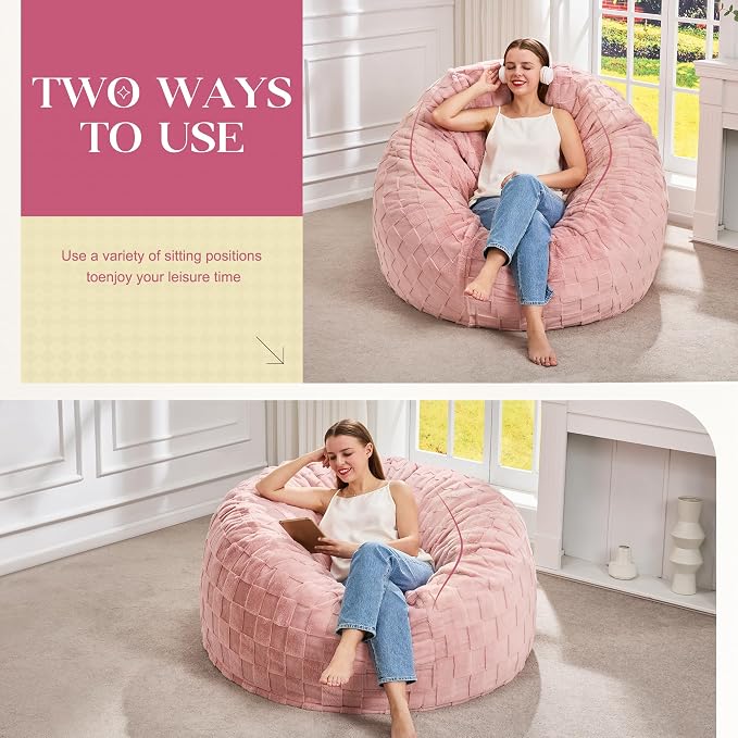 Hobestluk Adults Bean Bag Chair 4FT Big BeanBag Chair Extra Large Oversized | Memory Foam,Washable Cover,Unique Fluffy Plaid,Comfy Big Bean Bag with Filler Lounging Reading Bedroom Living Room | Pink 4FT - Image 3