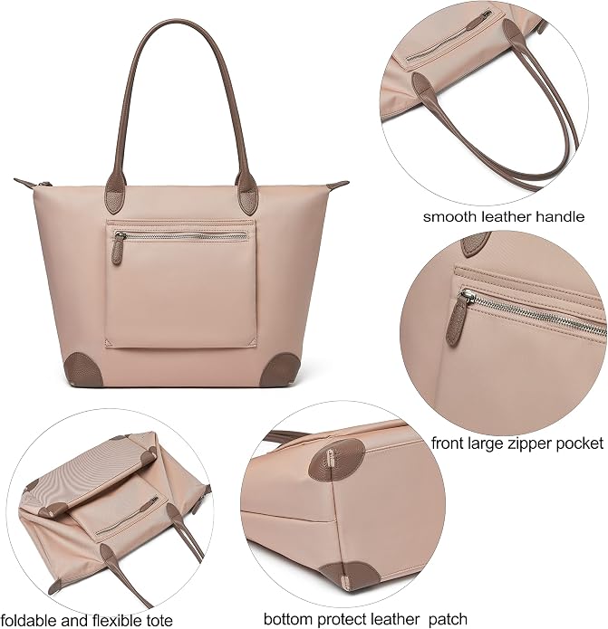 DORIS&JACKY Women Lightweight Tote Bag Designer Leather Work Shoulder Purse | Large Foldable Waterproof Nylon Hobo, Soft Fashion Casual Travel Gym Shopping Handbags with Long Leather Strap - Image 3