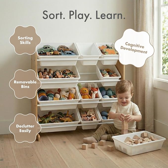 Humble Crew Kids Toy Organizer with 12 Bins, 4 Tier Storage for Playroom | Sturdy wood and steel toddler shelf, removable BPA-free containers, wall anchor anti-tip safety kit for bedroom or classroom - Image 6