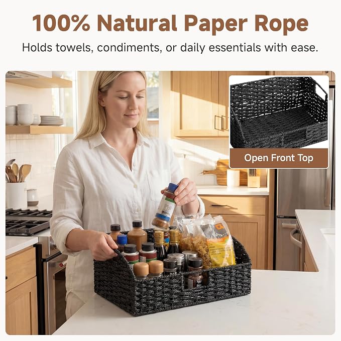 StorageWorks Pantry Baskets, Black Wicker Baskets with Handles, 2-Pack | Paper Rope Black Baskets for Organizing, Black Woven Baskets, Pantry Baskets for Shelves, Wicker Storage Baskets for Shelves - Image 4