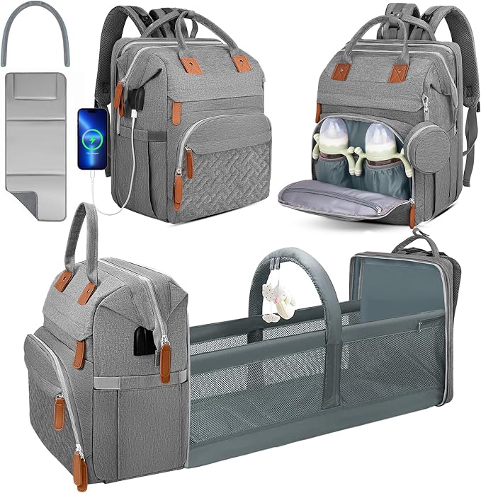 Diaper Bag Backpack for New Parents, Large Capacity Baby Travel Bag with Bottle Holders, Multiple Compartments (Grey) by Wurzfolk