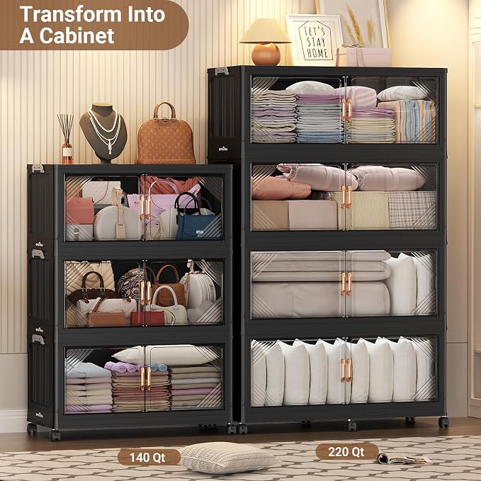 BROVIEW V60 420QT Plastic Stackable Storage Bins with Lid, 3Pack Black | 105Gal Extra Large Closet Organizers Collapsible Cabinets Boxes With Drawer, Foldable Container with 4x Wheels for Home - Image 6