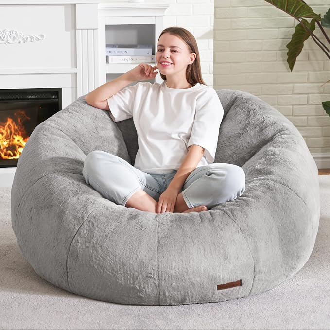 Hobestluk Large Beanbag Chairs for Adults Donut-Shaped Plush Sofa Couch | Grey, Oversized Bean Bag Chair with Faux Fur Cover Foam Filling Cozy Lounger for Bedroom Living Room Reading - Image 3
