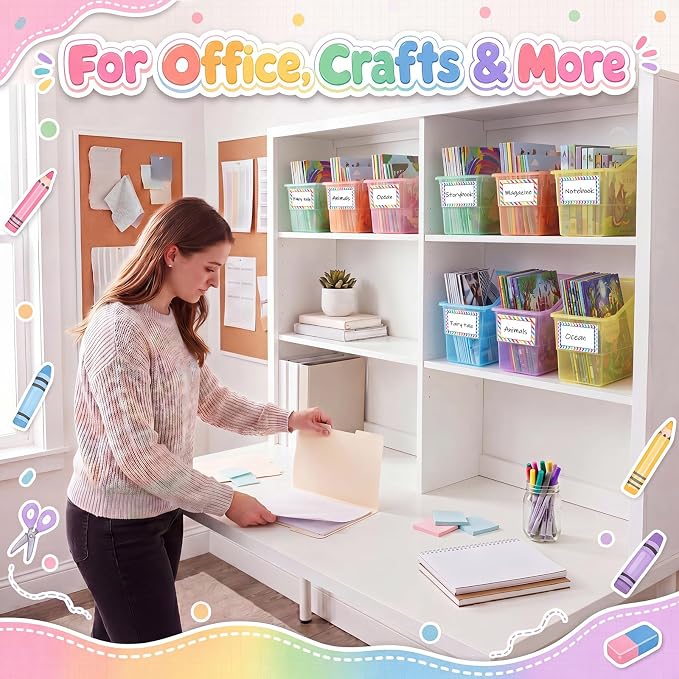 Blosssound 6 Set Book Bins for Classroom Stackable,Translucent Pastel | Plastic Baskets with Labels, Slanted Front, Library Supplies Organizers, Desktop Storage Bins, Teachers Home School Use - Image 6