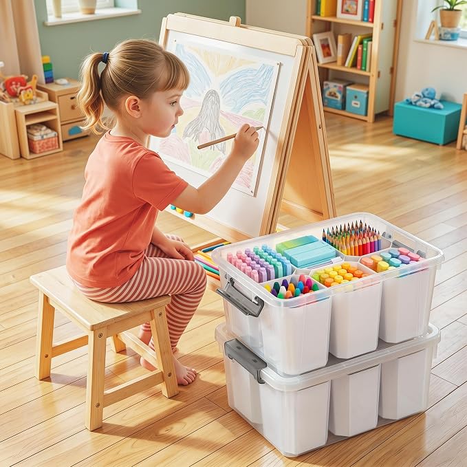 17QT 2Packs Clear Marker Organizer – 6 Detachable Inserts, Stackable Craft Organizers and Storage, Art Supply Organizer for Markers, Crayon, Pencils, Pens and Craft Supplies - Image 2