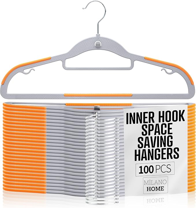 Plastic Hangers 100 Pack, Cascading Slim Space Saving Clothing Hangers with 360° Rotating Hook, Non Slip Clothes Hangers for Sweater Shirt, Heavy Duty Coat Hanger with Inner Hook for Closet, Grey by milanohome