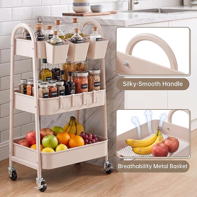 danpinera 3-Tier Rolling Cart, Utility Cart Mobile Metal Rolling Storage Cart with Lockable Wheels & Hanging Cups & Hooks for Kitchen, Bathroom, Office, Workshop, Beige - Image 3