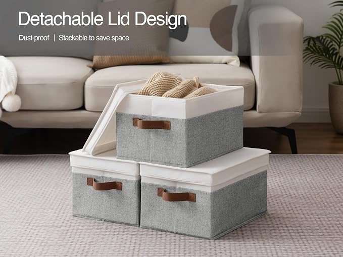 StorageWorks Fabric Storage Bins with Lids, Closet Storage Bins | Lidded Dust-proof, Easy Pull Handles, Foldable, Stackable, Ideal for Clothes Blanket Towel, Large, Gray and White, 3-Pack - Image 5