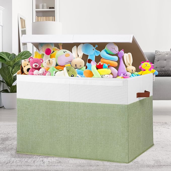 Large Toy Storage Box with Lid, Toy Chest Bin Boxes Basket with Dividers | Sturdy Toy Organizer Bin for Kids, Boys, Girls, Nursery, Living Room, Bedroom, Playroom 26"x17" x17" (Green and White) - Image 2