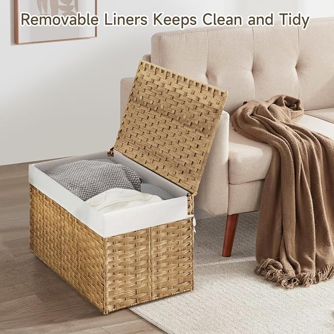 180L Wicker Storage Basket with Lid, Handwoven Rattan Large Shelf Basket with Removable Liner, 47.6 Gallon Wicker Basket for Blanket, Storage Trunk with Handle for Closet, Bedroom, Livingroom, Natural - Image 2