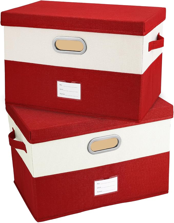 Large Linen Fabric Foldable Storage Bins with Removable Lid and Handles, Washable Storage Box Organizer Containers Baskets Cube with Cover for Bedroom,Office(Red&Cream, Large(2-Pack)) by Unknown
