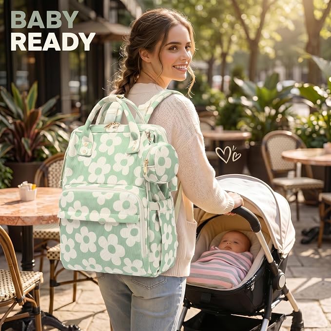 Baby Diaper Bag Backpacks for Mom Dad, Corduroy Large Capacity Multifunction Nappy Bag with Pacifier Case, Baby Travel Essentials Diaper Backpack for Boys Girls - Large Flowers Green - Image 2