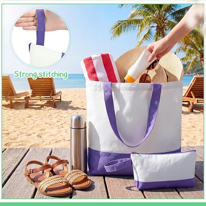 Sanwuta 30 Pcs Canvas Tote Bags Bulk with Zipper Cosmetic Pouch,Purple | 18.5" Reusable Cotton Shopping Bag with Handle for DIY Craft - Image 7