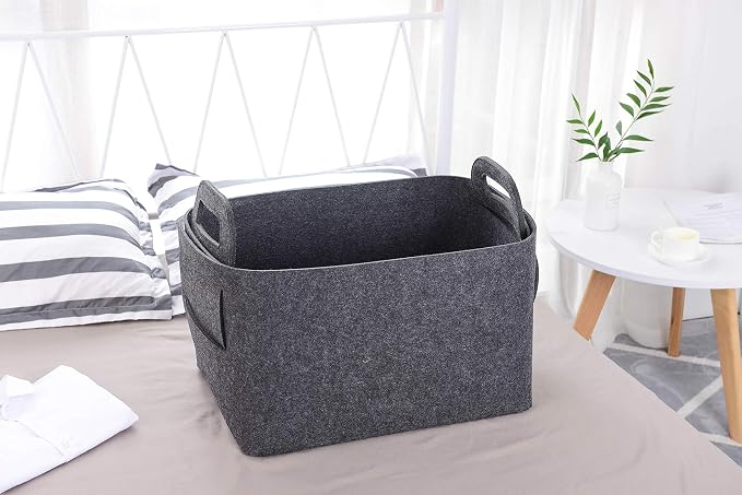 Storage Basket Felt Storage Bin Collapsible& Convenient Box Organizer with Carry Handles for Office Bedroom Closet Babies Nursery Toys Laundry (Dark grey, 17.9inch（L）×12.2inch（W）×11.6inch（H）) - Image 2