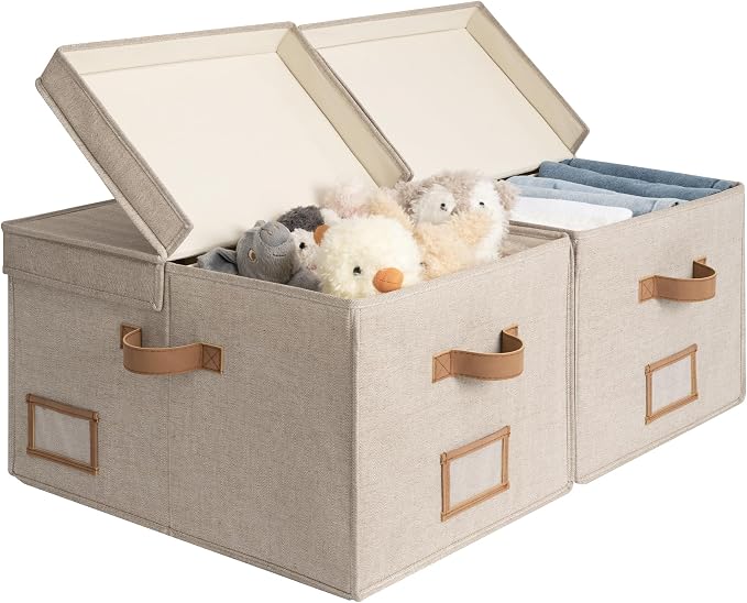 StorageWorks Large Clothes Storage Bins, Fabric Boxes with Divider Board, Baskets for Clothes, Linen Closet Organizers with Lid, Mixing of Brown & Beige, 2-Pack - Image 9