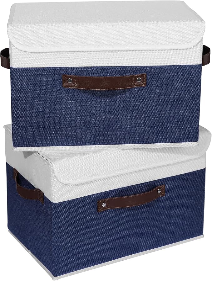 ANMINY Fabric Storage Box Bins with Lids, Blue White, 15"x10"x10", 2 Pack | Keepsake Memory Storage, Cotton Linen, PP Board Reinforced, Washable, PU Handles, Foldable & Stackable, Decorative, Large - Image 2