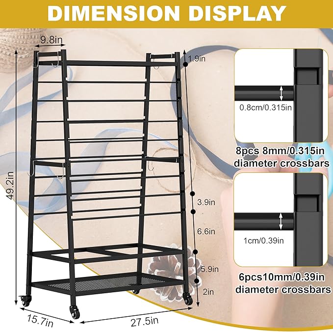 Ribbon Organizer for Craft Room, Rolling Ribbon Holder Black | Double-Sided Ribbon Holder Organizer Rack, Metal Craft Christmas Gift Wrapping Paper Holder, Large Ribbon Storage Rack - Image 3