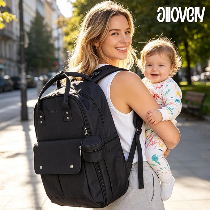 Large Capacity Diaper Bag Backpack, Wet/Dry Separation Black | Allovely Diaper Bag Backpack, Large 22L Baby Bags for Boys Girls, Multi-functional Travel Diaper Backpack, Stroller Straps - Image 7