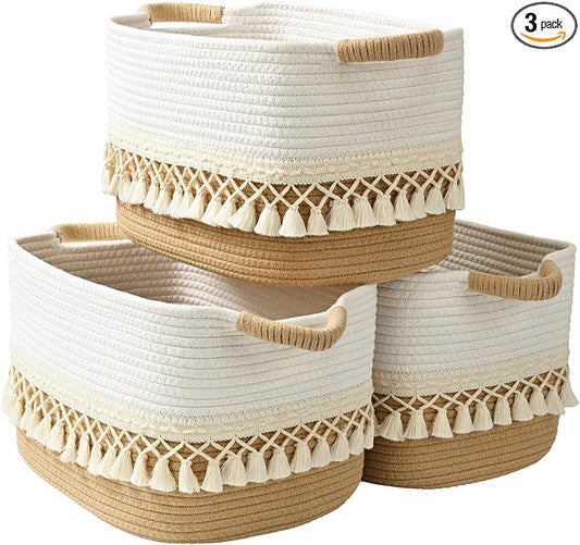 3 Pack Storage Basket for Shelves, Boho Cotton Rope Storage Bins with Heavy Tassel, Shelf Baskets Large Woven Baskets for Organizing, Cube Organizer Bins, Baby Laundry Basket for Clothes, Toys, Pets by Degeyoyo