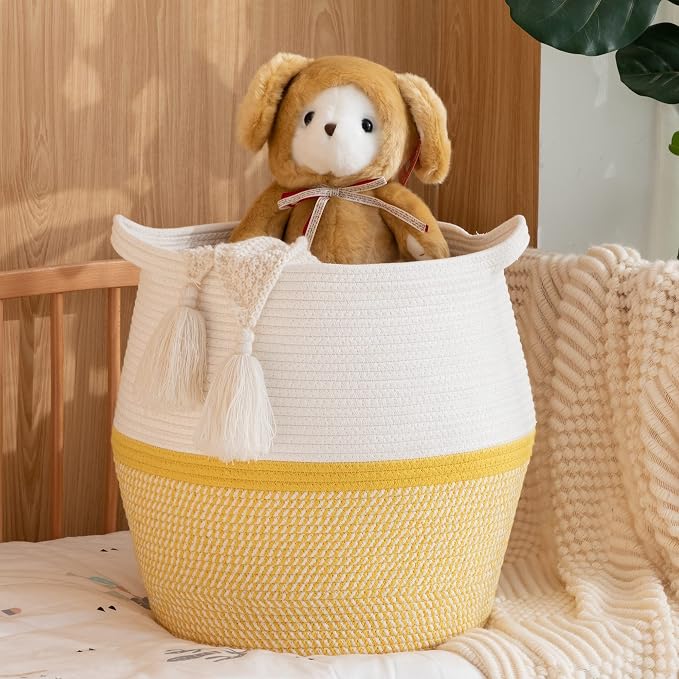 KAKAMAY Woven Baskets for Storage(17"x17"),Large Cotton Rope Woven Baby Laundry Hamper,Collapsible Laundry Basket, Blanket Basket for Organizing Living Room,Nursery,Pillows,Toy Chest(Yellow) - Image 8