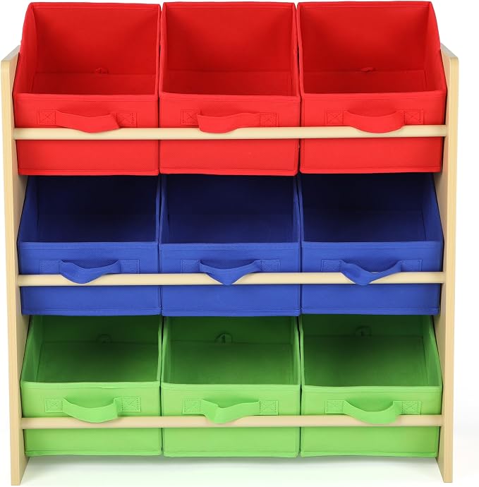 Humble Crew Kids Toy Organizer with 9 Fabric Bins, 3 Tier Storage Shelf | Sturdy wood and steel toddler frame, collapsible containers, wall anchor anti-tip safety kit for playroom, bedroom, classroom - Image 3