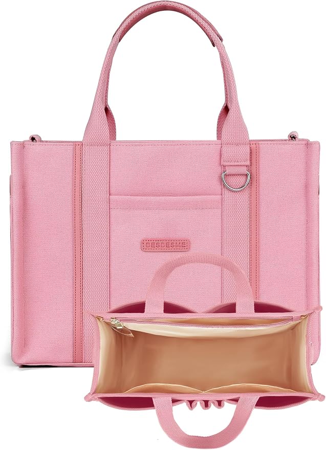 BESBESME Women’s Canvas Tote Bag with Zipper and Compartments – Multi-Pocket Laptop Work Crossbody Shoulder Tote Purse - Image 7