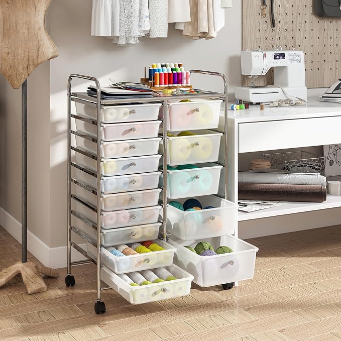 DREAMADE 15-Drawer Rolling Storage Cart, Mobile Craft Cart, Clear | Utility Organizer with Lockable Wheels, Removable Plastic Drawers and Metal Frame for Home Office, Classroom and Studio - Image 8