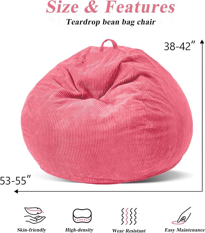 5FT Bean Bag Chair for Adults,Gaint Teardrop Beanbag with Filler | Beanbag Chair with Memory Foam Filled,Bean Bags with Handy Handle&Machine Washable Cover for Living Room,Bedroom-Pink - Image 2