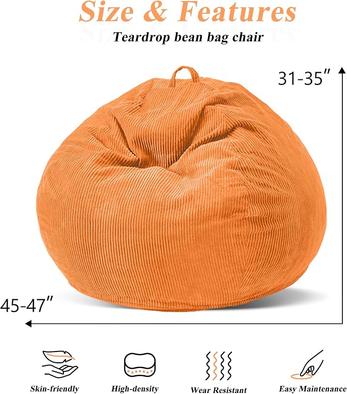 4FT Bean Bag Chair for Adults,Large Teardrop Beanbag with Filler | Beanbag Chair with Memory Foam Filled,Bean Bags with Handy Handle&Machine Washable Cover for Living Room,Bedroom-Orange - Image 2