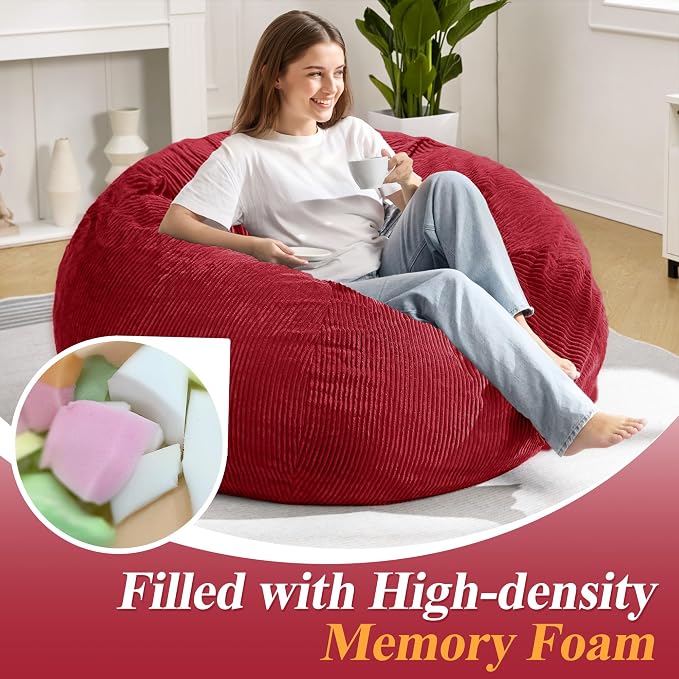 4FT Bean Bag Chair for Adults,Large Teardrop Beanbag with Filler | Beanbag Chair with Memory Foam Filled,Bean Bags with Handy Handle&Machine Washable Cover for Living Room,Bedroom-Red - Image 4