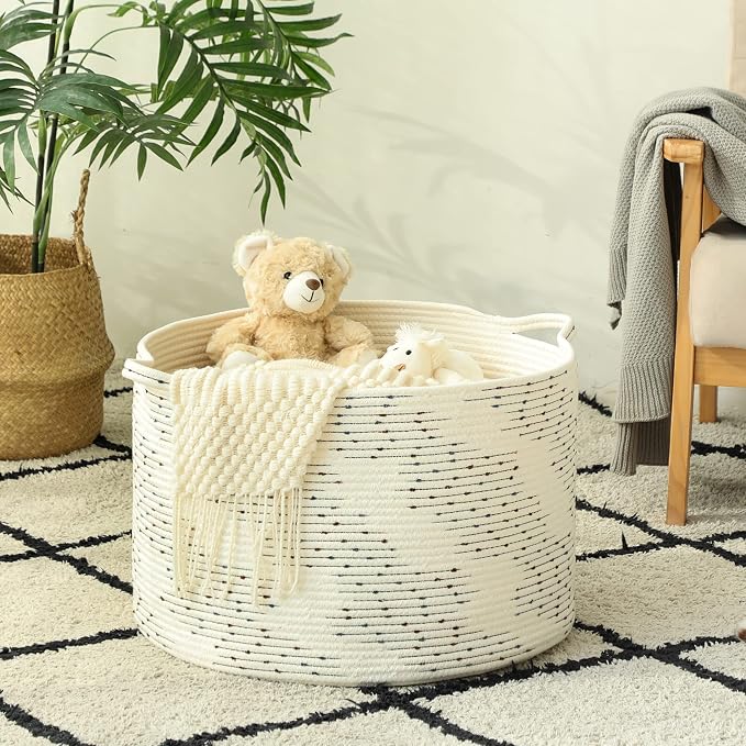 KAKAMAY Large Cotton Rope Blanket Basket (20"x13"),Woven Baby Laundry Hamper，Blanket Basket for Nursery, Laundry, Living Room, Pillows, Toys with Handles （White） - Image 6