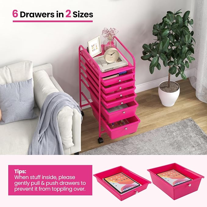 Giantex 6 Storage Drawer Cart Rolling Organizer Cart for Tools Scrapbook Paper Home Office School Multipurpose Mobile Utility Cart (Macaron) - Image 4