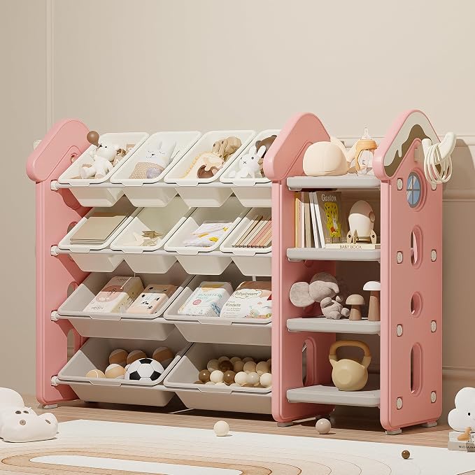 Pipleo Kids Toy Storage Organizer with 12 Removable Bins, Toy Organizers and Storage with 4-Tier Bookshelf for Kids Toy Storage Organizer (Pink) by PIPLEO