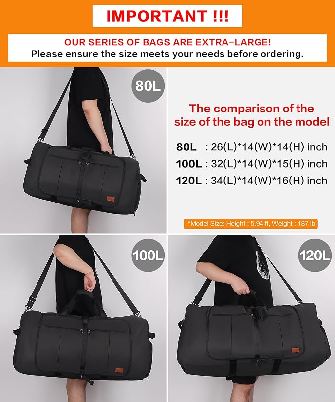 80L EXTRA LARGE Foldable Waterproof Travel Duffle Bag for Men and Women | with Shoe Compartment, 26" Duffel for Weekender Gym Sport, Tear Resistant - Image 2